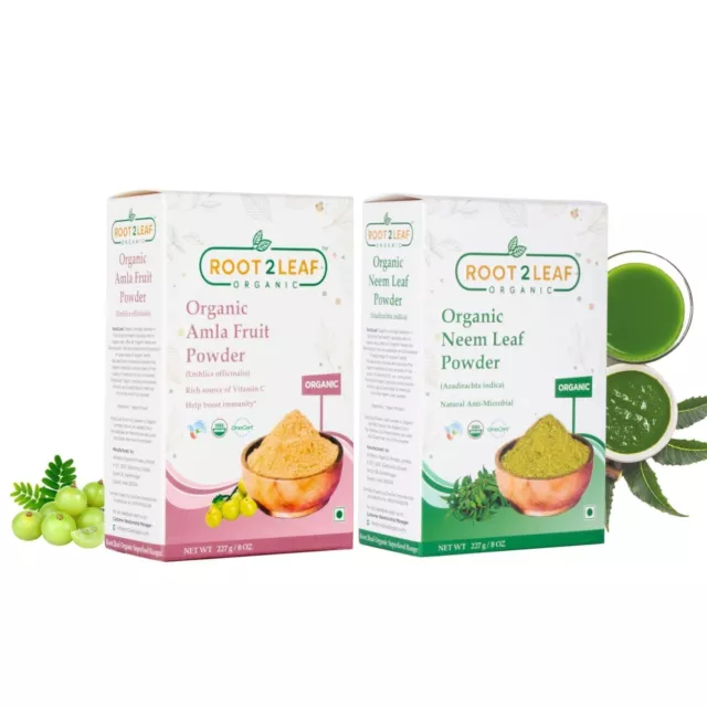 Amla Fruit Powder and Neem Leaf Powder Combo pack by Root2Leaf Organic 227g each