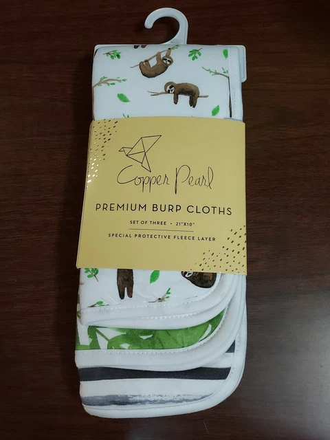 Copper Pearl Premium Burp Cloths - Set of 3 - 21" x 10" - Sloths, Nature - 3 Ply