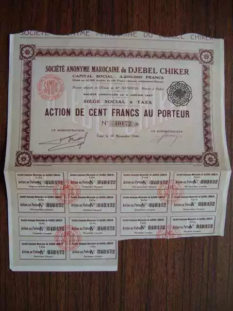 Societe Ano Marocaine du DJEBEL CHIKER Bond 100 FR 1946