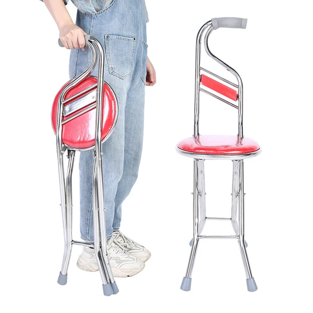 (Rojo) Plegable Palo de Mano para Caminar Taburete Ancianos Acero Inoxidable Cuatro Piernas GDT