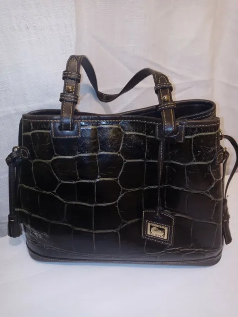 Dooney & Bourke Dark Brown Croc Embossed Leather Tassel Tote Distressed Handbag