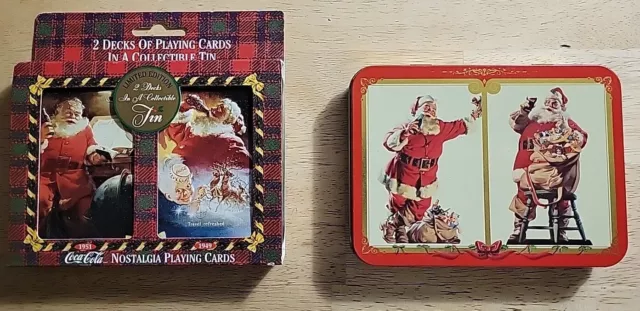 Vtg Coca Cola Christmas Santa Claus Metal Tins With Playing Cards Sealed LOT(2)