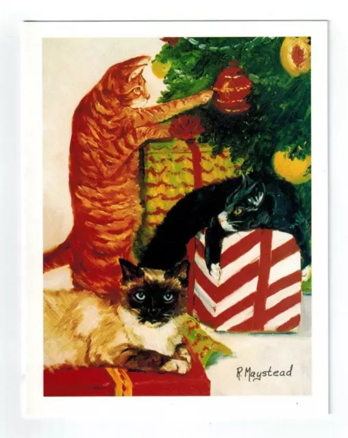 3 Cats Playing & Christmas Tree Holiday Greeting Card Set 12 Cards Ruth Maystead