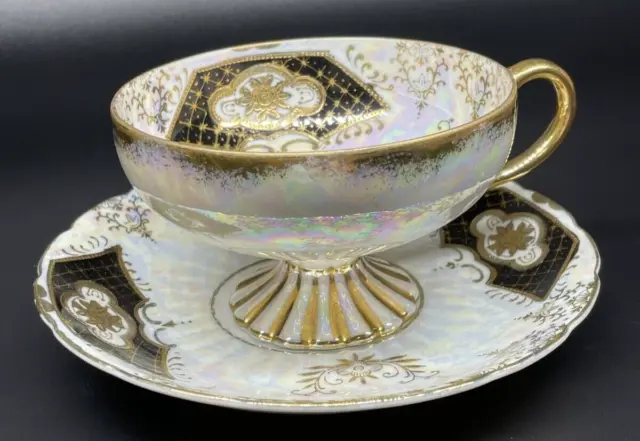 Vintage Tea Cup and Saucer Royal Sealy China Japan Iridescent White Black Gold