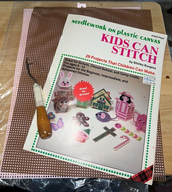 KIDS CAN STITCH Plastic Canvas Needlework CRAFT BOOK & SHEETS  VINTAGE