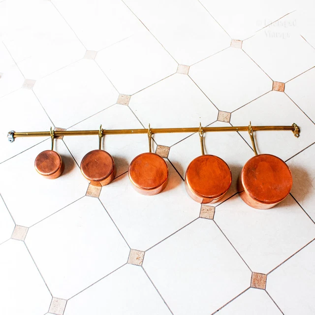Complete Set of 5 Rustic French Antique Solid Copper Pans with Wall Hanging Rail Complete Set of 5 Rustic French Antique Solid Copper Pans with Wall Hanging Rail