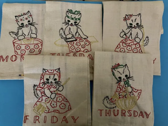 5 Veg Hand Embroidered DAYS OF THE WEEK Kitchen Dish Towels Cats Kittens Unused