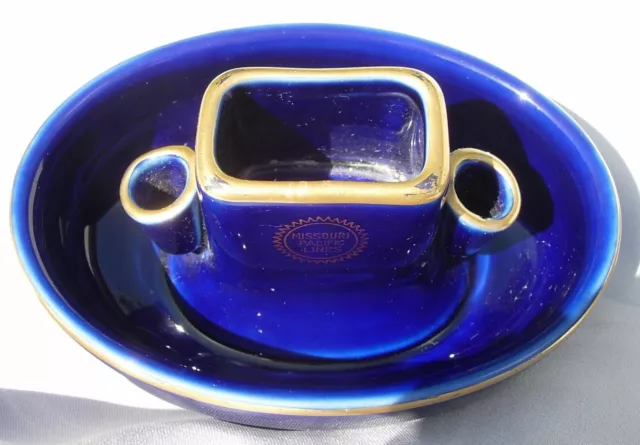 Missouri Pacific Lines Matchstand Ashtray Hall China Cobalt Blue and Gold 2