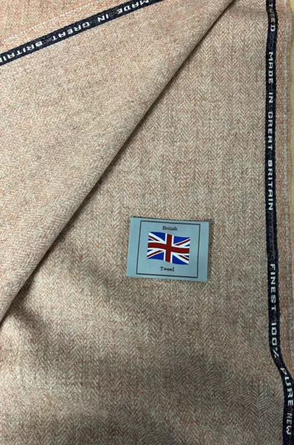 5 Metros Rosa Salmón 2 Espiguilla 100% Tweed de Lana Tela Hecho En U.K