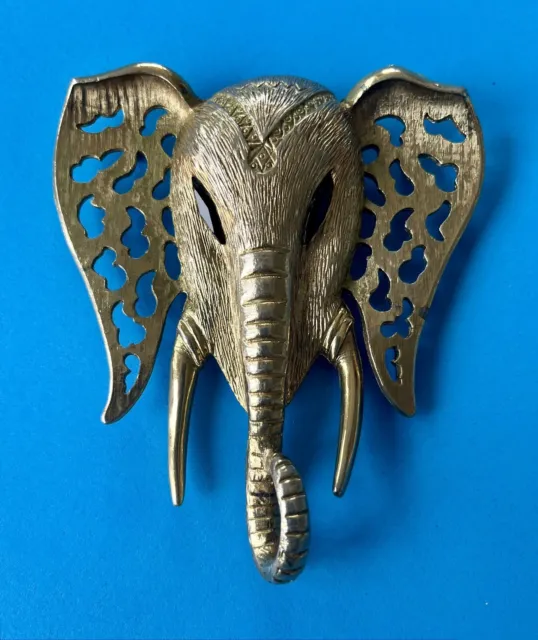HUGE Vtg CELEBRITY Elephant Necklace Pendant Gold Tone Black Glass Eyes