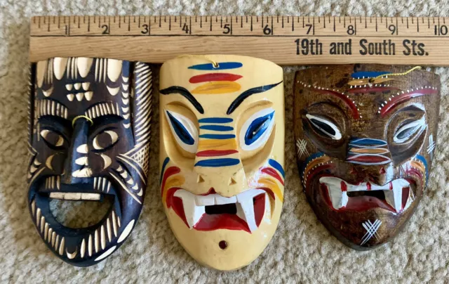 Set of 3 African Tribal Hand Carved Wooden Masks Wall Decor