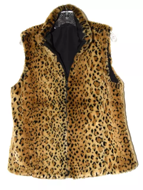 Kristen Blake Leopard Print Faux Fur Reversible Black Womens Zip Vest Size M