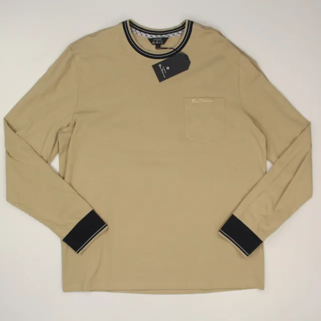 Ben Sherman Men's T-Shirt Long Sleeve Crew Neck Ringer Size Large Beige Pocket