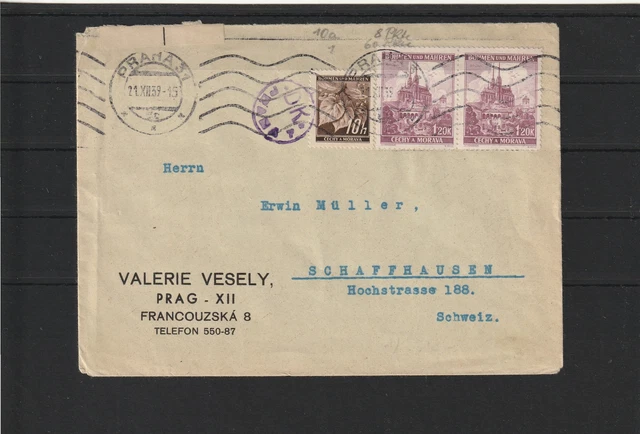 Böhmen und Mähren Brief Prag nach Schaffhausen/Schweiz, Zensur 1939