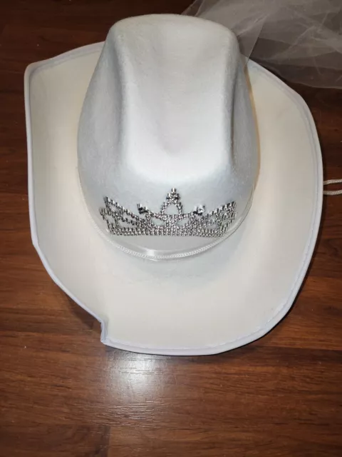 Women's One Size White "Bride" Cowboy Hat w/"Rhinestone" Tiara & Attached Veil