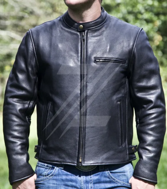 Men's Black Leather Motorbike Jacket Genuine Cowhide Black Motorcycle Jacket