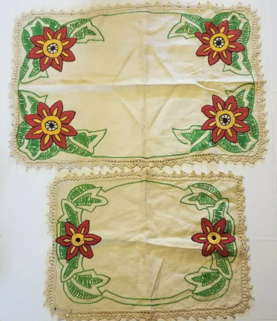 Lote de 2 Crewel Bordado Mesa Corredor de Lino Set Floral Vintage Cosido a Mano