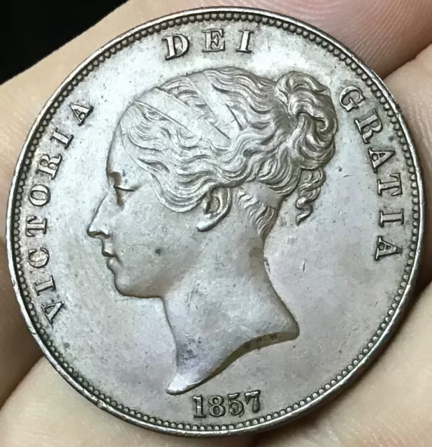 1857 5/5 VICTORIA ONE PENNY Coin  Rare FIVE over five Variety Trace Lustre #3386