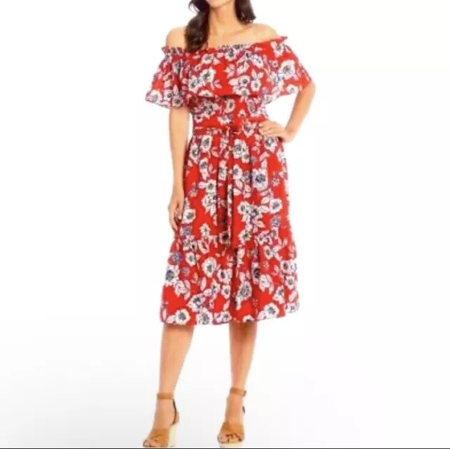 NWT Eliza J Women’s Floral Off the Shoulder Ruffle Top Tie Waist Midi Dress Sz 6