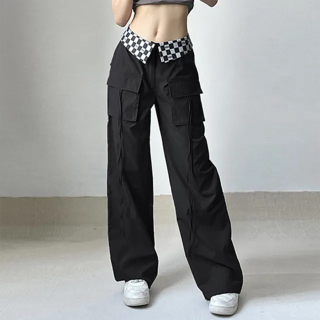 MY# Low-waisted Female Trousers Casual Pocket Female Overalls Check Printed for