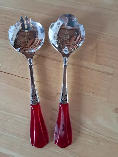 Vintage Pair Art Deco EPNS Sydenham Silver Plated Salad Servers with Red Handles