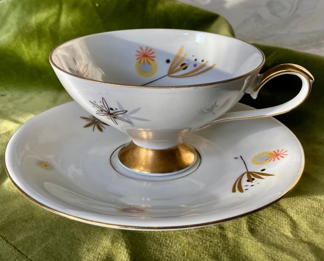 Mid Century Modern Eberthal Bavaria Tea coffee Cup Saucer, Gold atomic flower