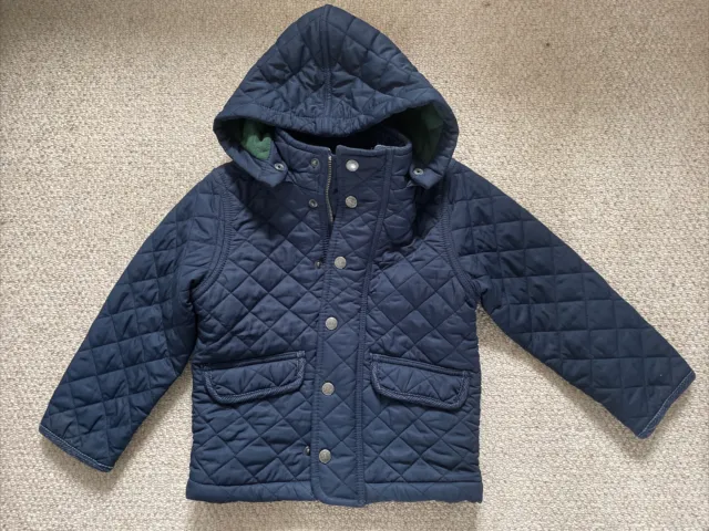Boys Mini Boden Navy Quilted Jacket Age 3-4 Years W/a removable Hood And Pockets