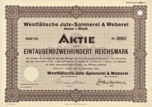 Westfälische Jute Spinnerei und Weberei Ahaus hist Textil Aktie 1941 Münsterland