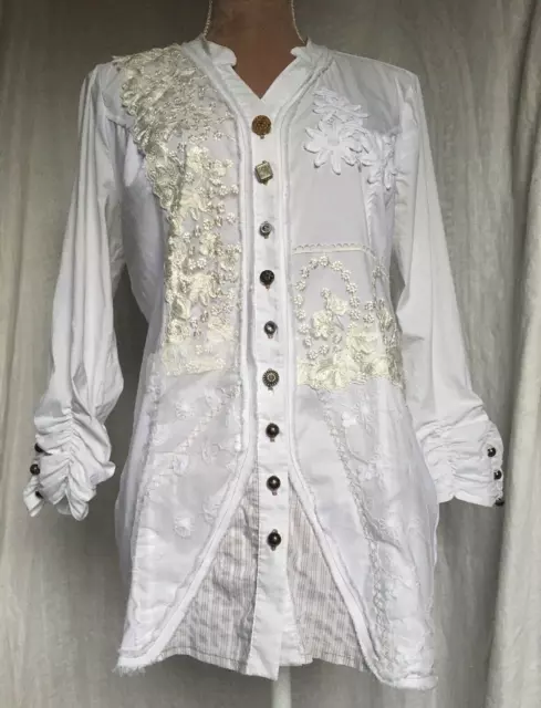 Vintage Y2K Boho Fairy Blouse White Whimsy Goth Steampunk Button Down Artsy Med