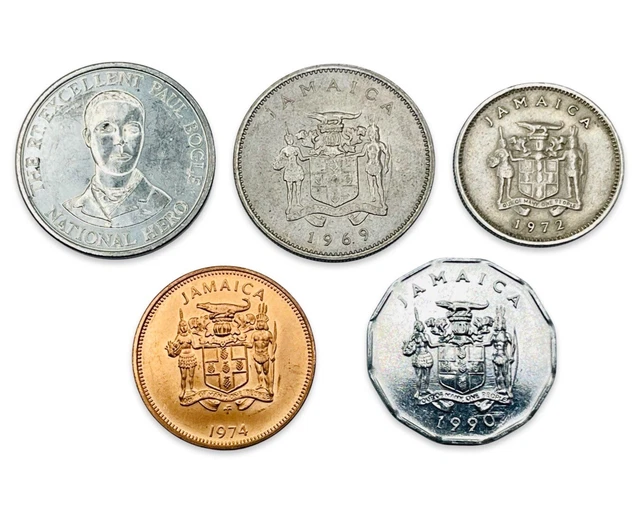 Lot of 5 Mixed Jamaica 1, 5 & 10 Cents - 1960s, 1970s & 1990s #ISL82611