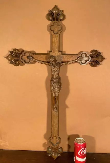 32" Antique French Oak Wood Church Processional Cross/Crucifix with Jesus