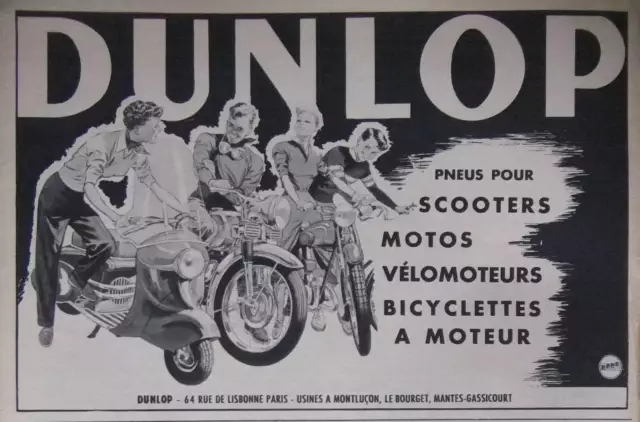 Publicité De Presse 1953 Pneus Dunlop Pour Scooters Motos Vélos - Advertising