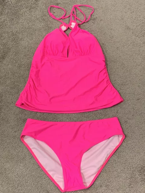 Yonique Hot Pink Tankini Bikini 2 Pc Swimsuit Womens XL Halter Neck Ruche New