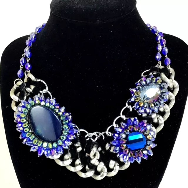 Blue Agate Large Pendant Crystal Black Velvet Chain Necklace statement 19"