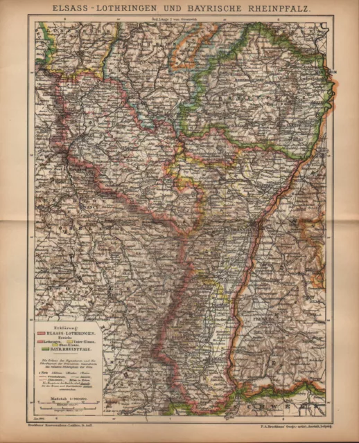 Landkarte map 1905: ELSASS-LOTHRINGEN UND BAYRISCHE RHEINPFALZ.