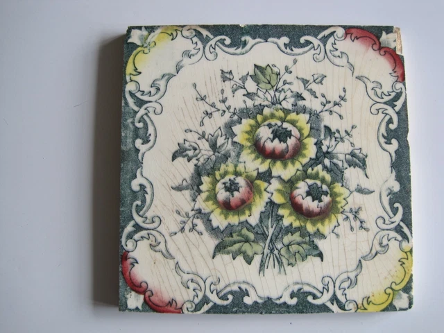 ANTIQUE VICTORIAN PRINT & TINT TILE - 3 FLOWERS -  SHERWIN & COTTON? c1877-1900