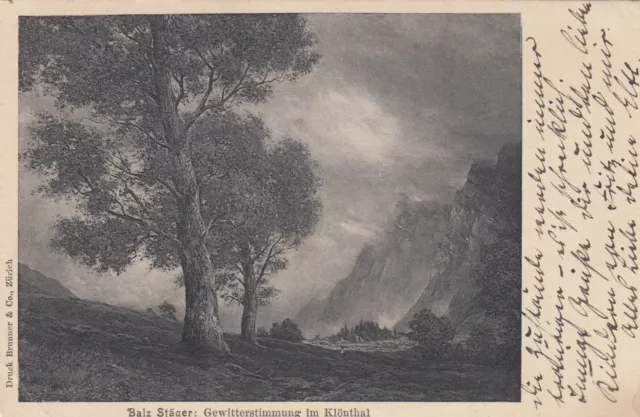 Klöntal Glarus thunderstorm mood postcard 1919 artist Stäger Suisse Switzerland 2404322