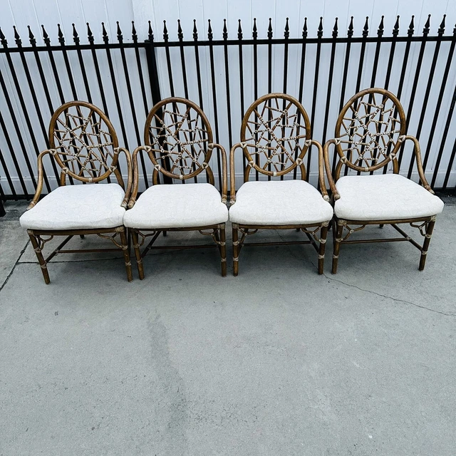 4 Rattan Chairs McGuire Cracked Ice Chinese Chippendale Hollywood Regency Bamboo