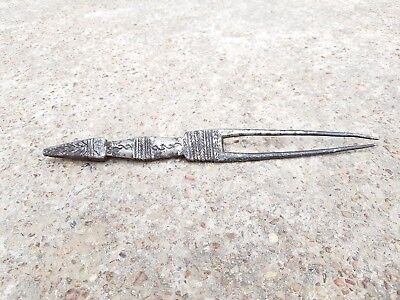 19c Vintage Old Primitive Hand Carved Tribal Lady Iron Hair Bun Pin Dagger Rare 2