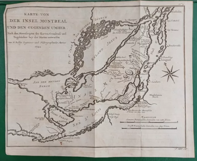 Rare 1744 Copper Engraving Map of Island of Montreal Canada by Bellin