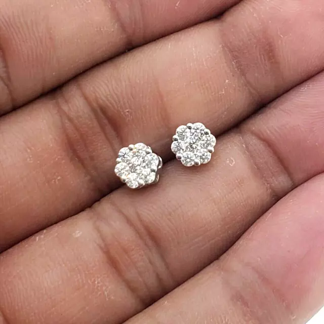 0.65 Ct Round Diamond Floral Cluster Stud Daisy Earrings 14K White Gold Finish