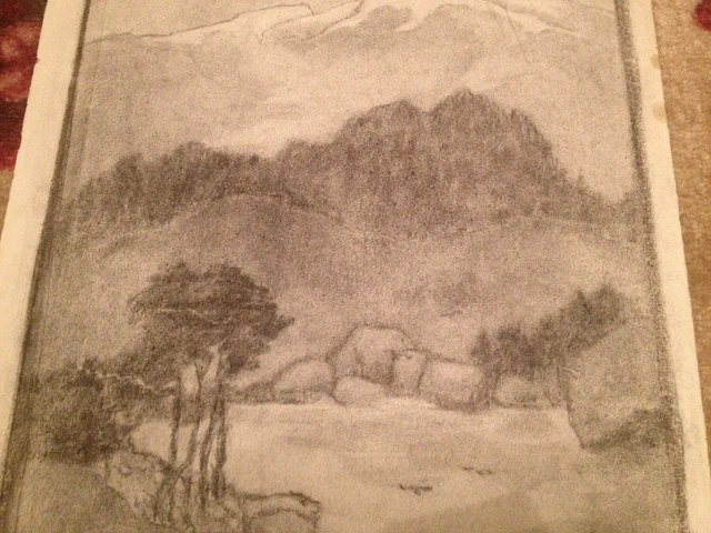 Antique Début 20th Siècle Charbon Paysage Dessin Avec / Mountains En 3