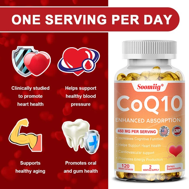 120pcs Q10 Coenzyme 450mg Capsules Cardiovascular and Heart Health Energy Vitamins Beauty and Health, Promote Blood Circulation