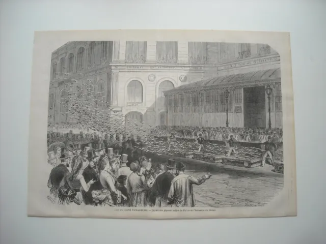 1872 Engraving. The Passenger Pigeons. Departure Of The Belgian Pigeons From The Palais De L'in