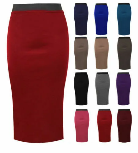 Ladies Plain Office Womens Stretch Bodycon Midi Pencil Skirt Plus Size UK 8-26