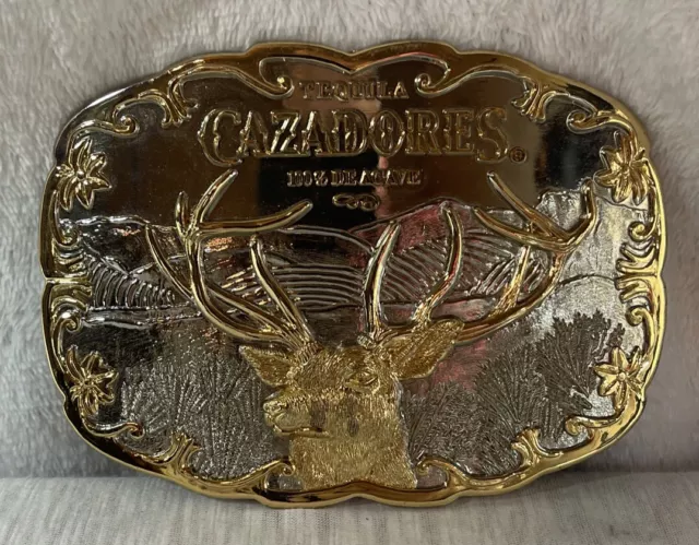 Hunters DEER Elk Cazadores 100% De Agave Tequila Advertising Western Belt Buckle