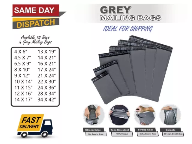 Grey Mailing Postage Postal Bags Strong Poly Mailer Parcel Self Seal All Sizes