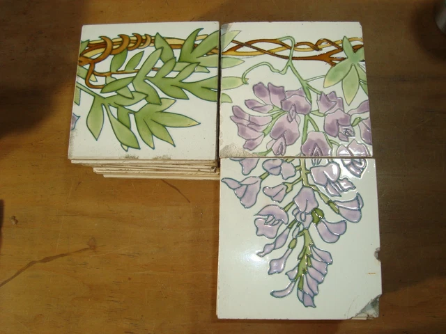 Purple wisteria flowers 36 France Sarreguemines Original antique reclaimed tiles 3