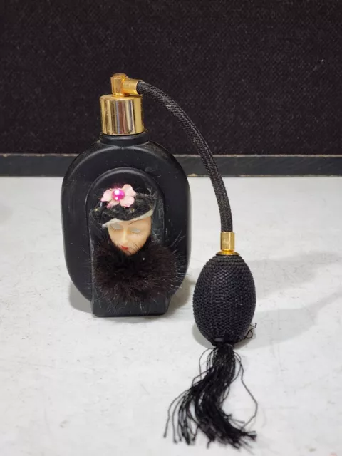 Vintage Price Products Black Glass Perfume Bottle Atomizer Lady Face Fur Collar