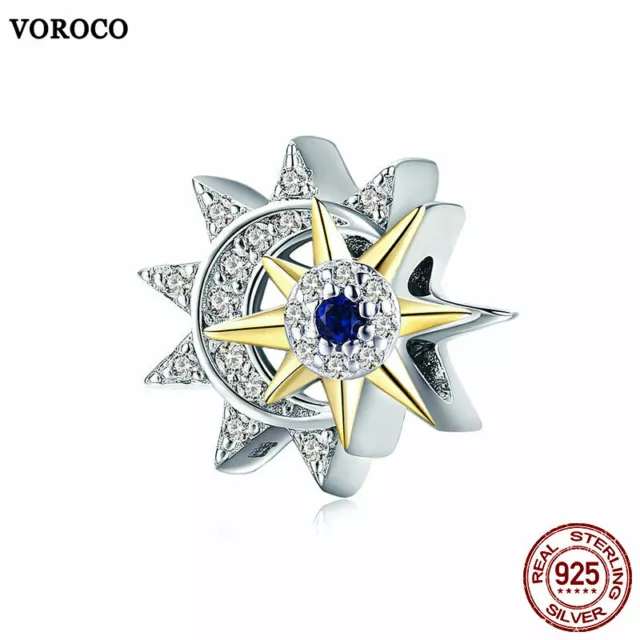 Voroco 925 Sterling Silver Sun Moon Pendant Bead Charm CZ For Necklace Bracelet